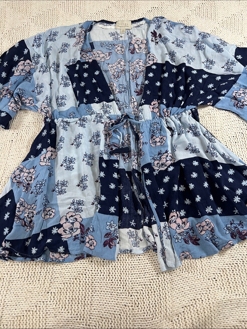 hinge Blue Patchwork Floral Tie-Front Top